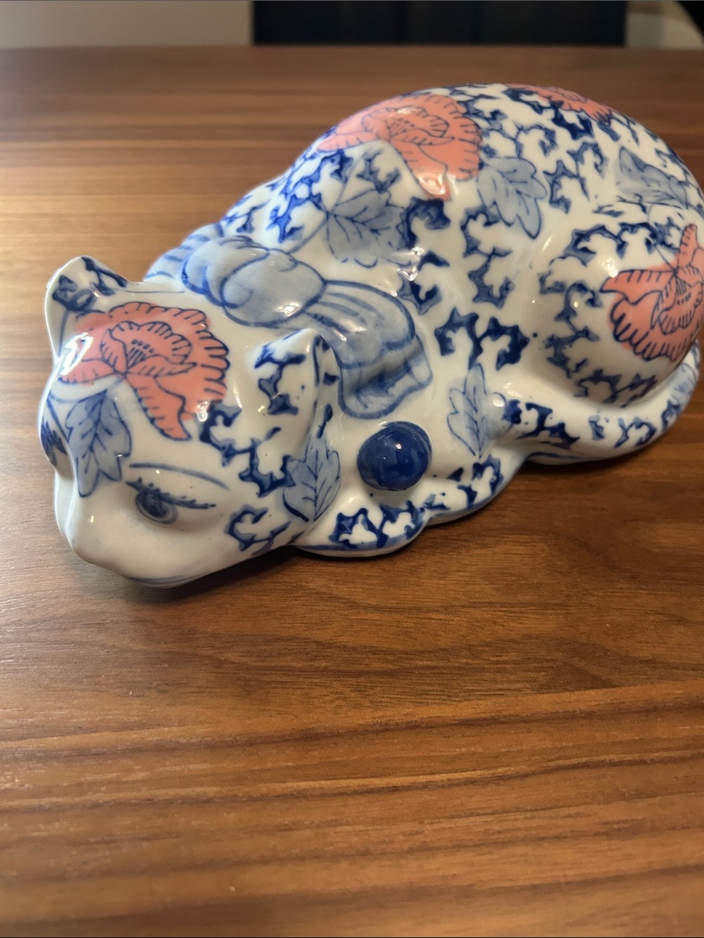Vintage Porcelain Cat Figurine
Hand Painted Blue & Pink Floral Chinoiserie 8.25”
